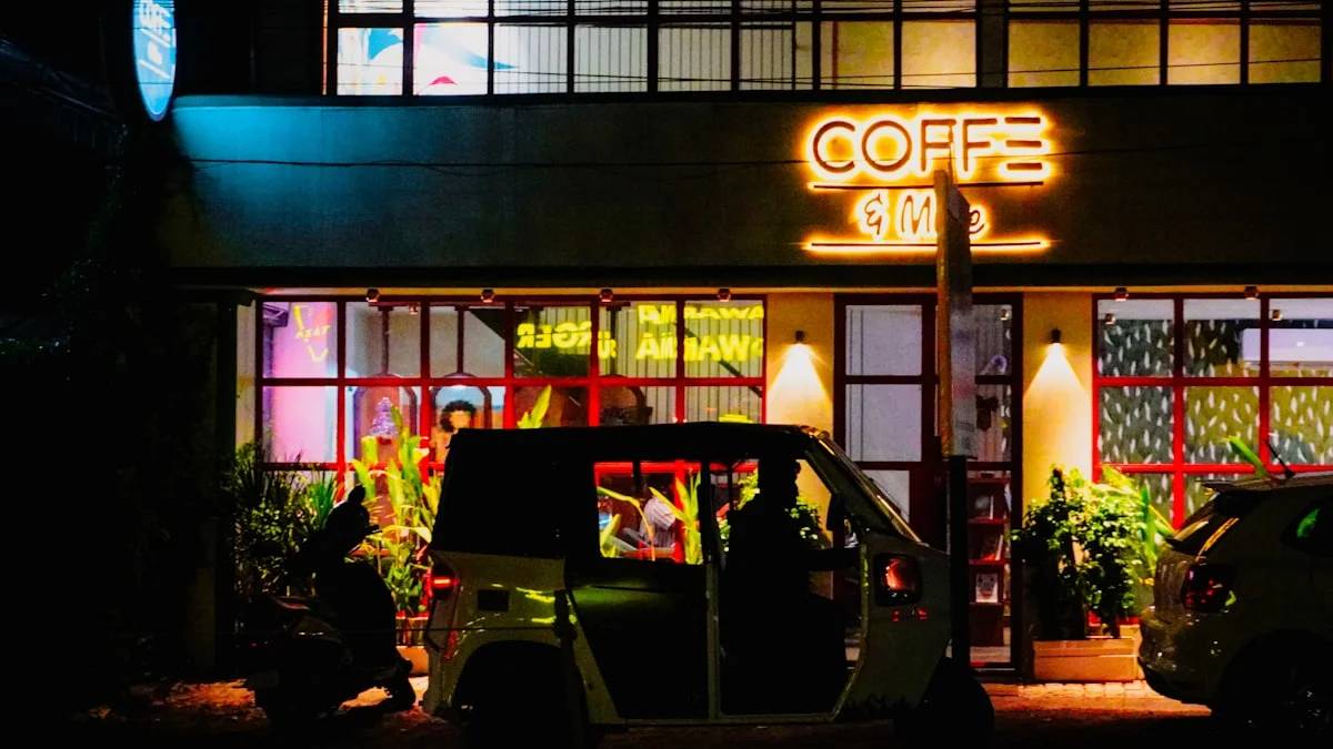 Neon coffee shop sign illuminates a parked vehicle at night — a Sleep, Finally guide to Why the Second Night Shift Feels Hardest