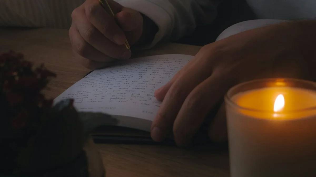 a person sitting at a table writing in a notebook next to a lit candle — a Sleep, Finally guide to Why Writing Worries Down Helps You Sleep