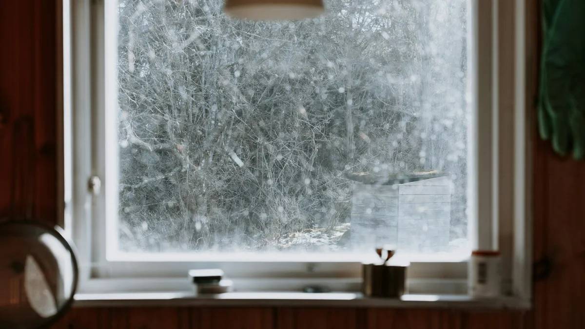 a window with a view of a snowy forest outside — a Sleep, Finally guide to Winding Down in Winter: Dark Evenings and Sleep